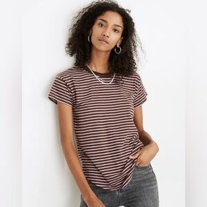 madewell whisper cotton rib crewneck tee rory stripe XS brown purple 100% cotton